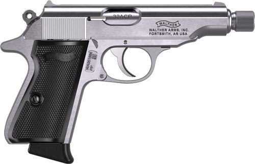 WALTHER PP SD 32ACP STAINLESS - 8RD THREADED BARREL BLK GRIPS - Image 2
